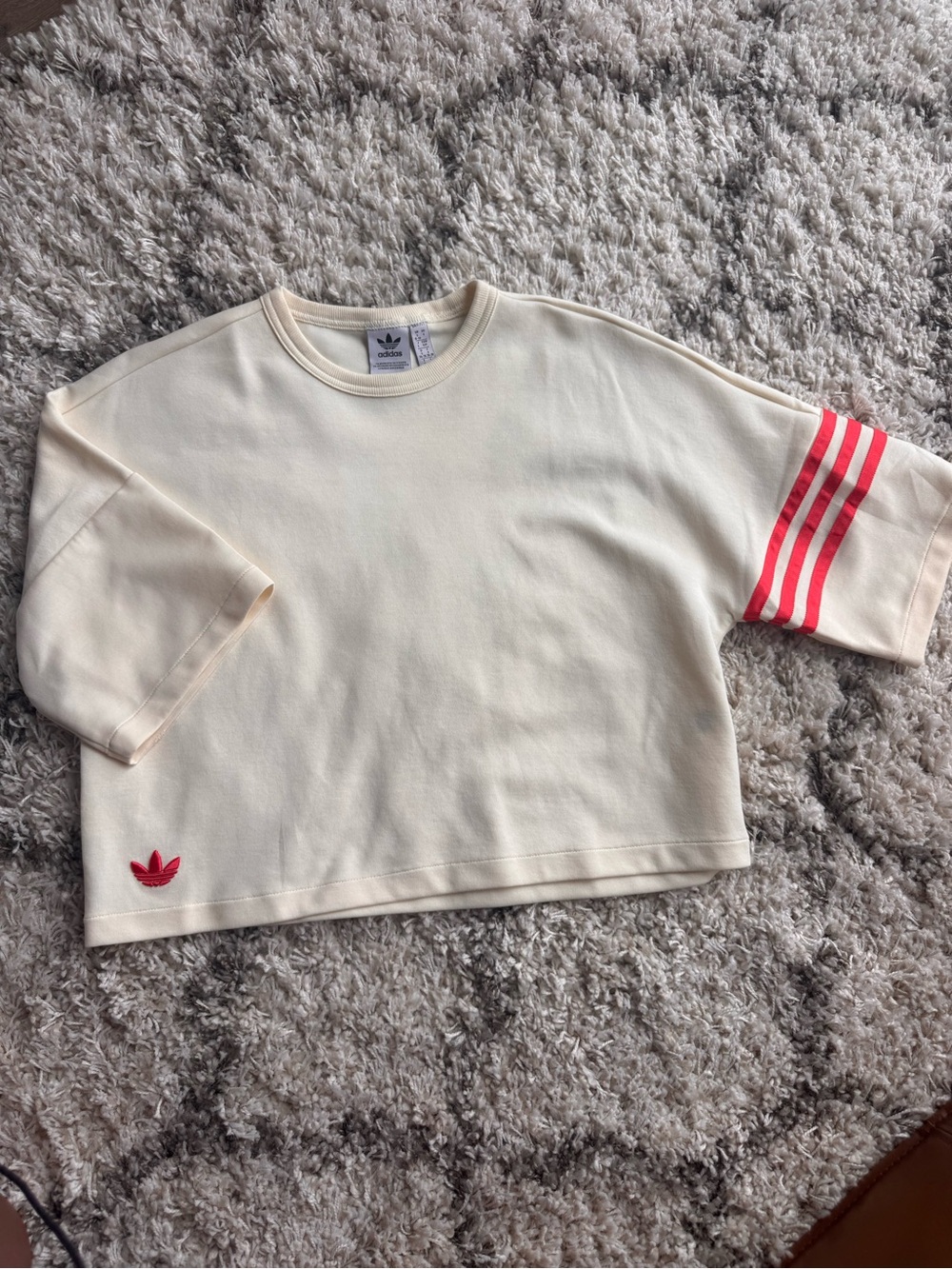adidas Boxy Cream Cropped Tee with Orange Striped Sleeve -Women’s Size Small